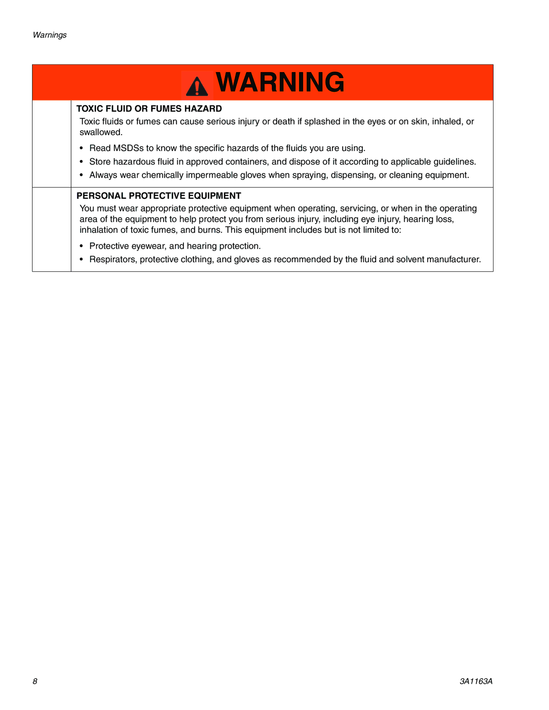 Graco 3A1163A important safety instructions Toxic Fluid or Fumes Hazard 