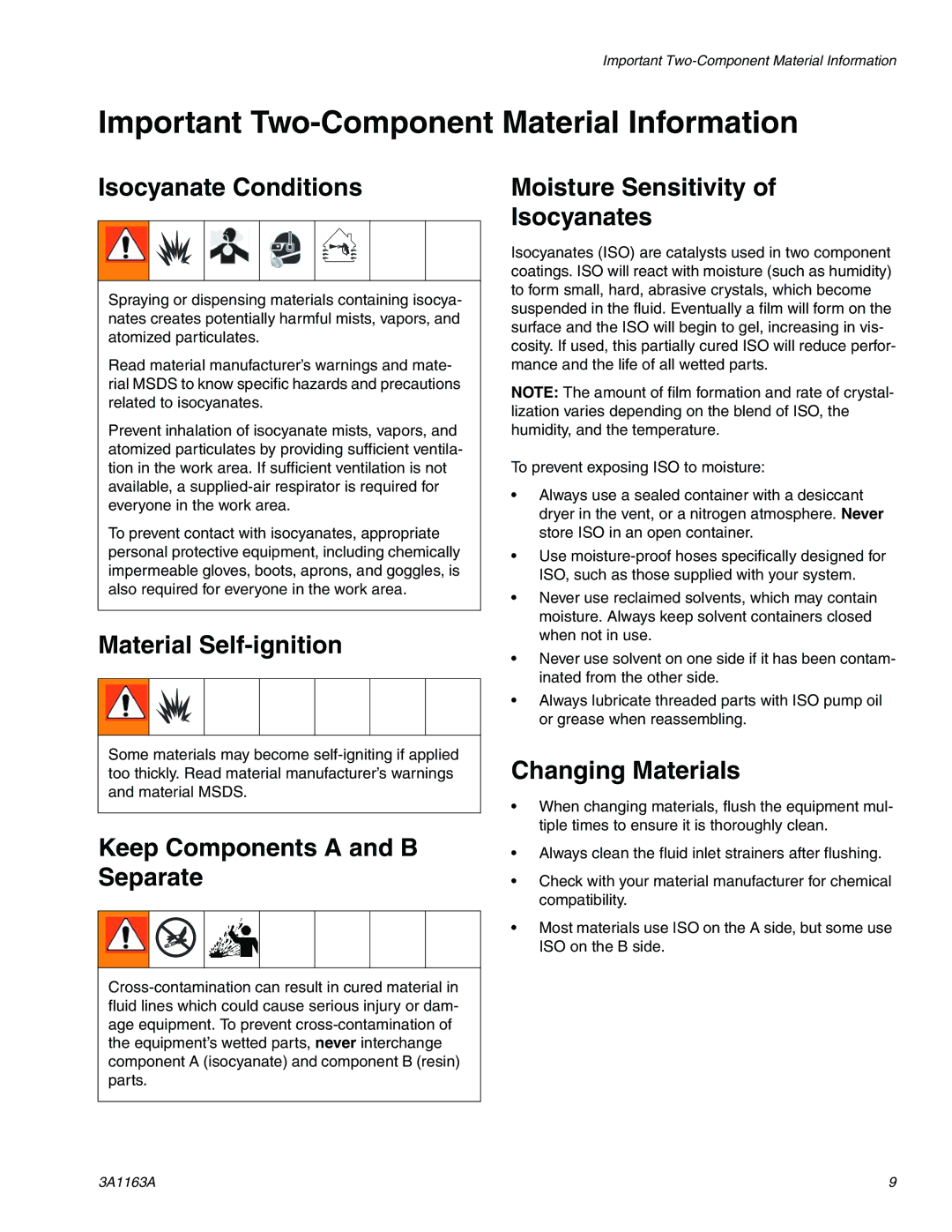 Graco 3A1163A important safety instructions Important Two-Component Material Information 