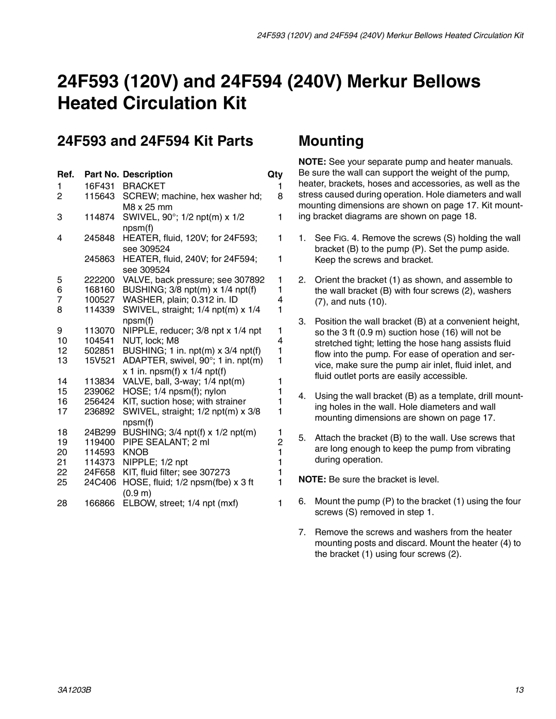 Graco 3A1203B important safety instructions 24F593 and 24F594 Kit Parts, Mounting 