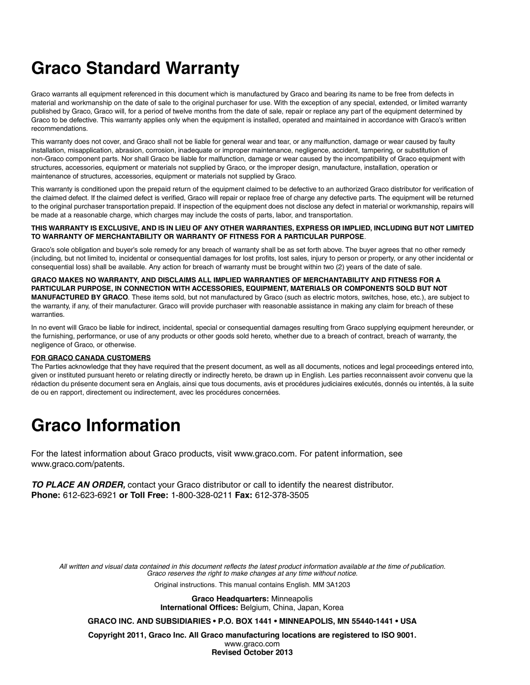 Graco 3A1203B important safety instructions Graco Standard Warranty, Graco Information 