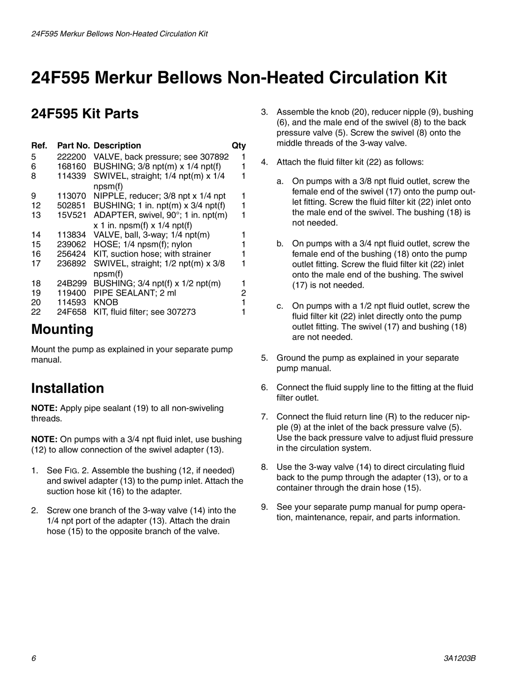 Graco 3A1203B important safety instructions 24F595 Merkur Bellows Non-Heated Circulation Kit, 24F595 Kit Parts 