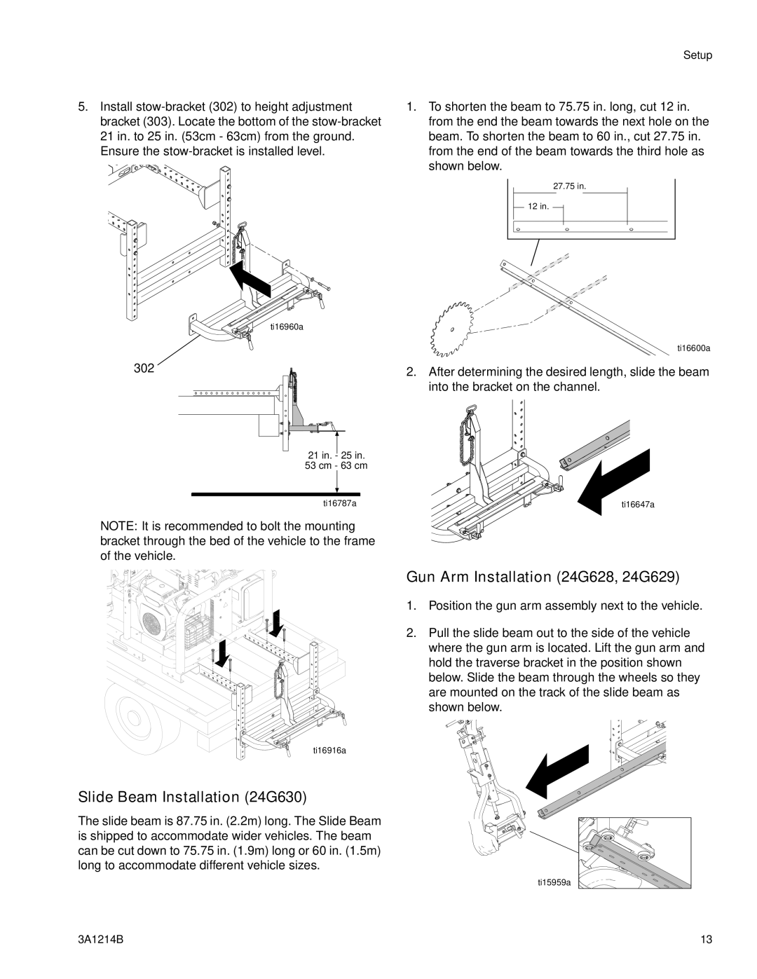 Graco 3A1214B important safety instructions Slide Beam Installation 24G630, Gun Arm Installation 24G628, 24G629 