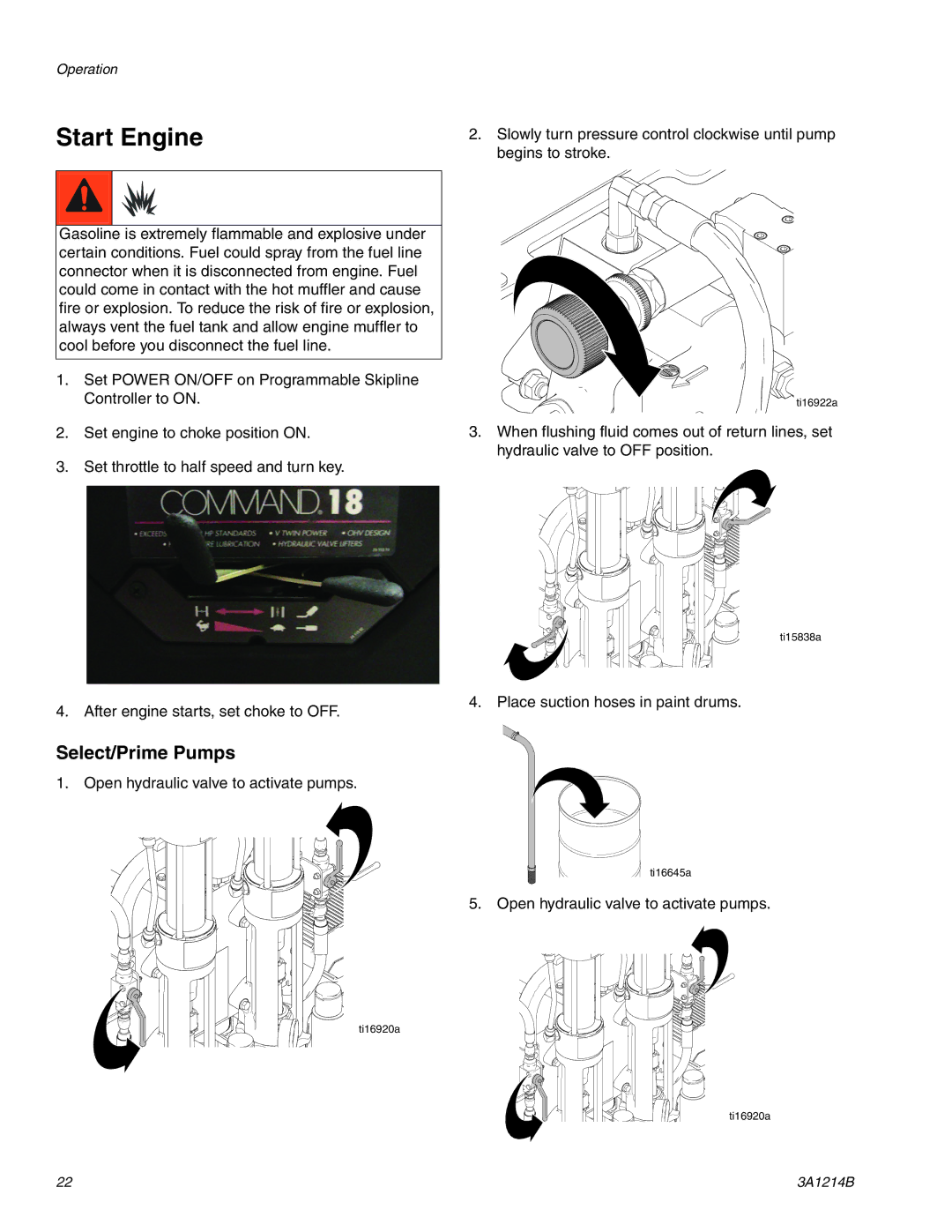 Graco 3A1214B important safety instructions Start Engine, Select/Prime Pumps 