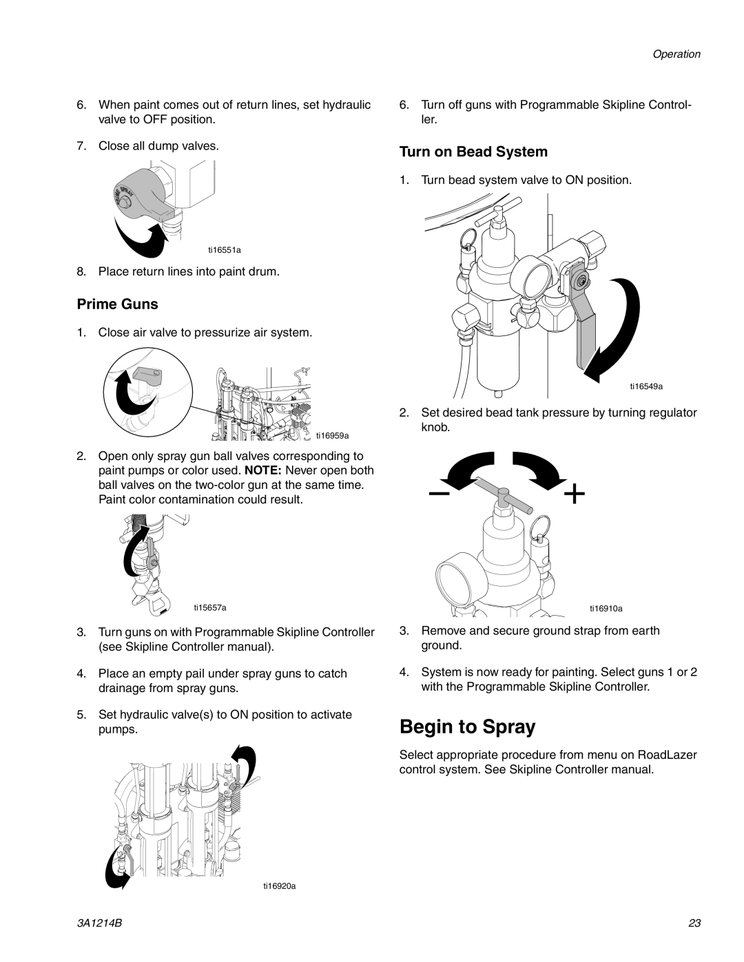 Graco 3A1214B important safety instructions Begin to Spray, Prime Guns, Turn on Bead System 