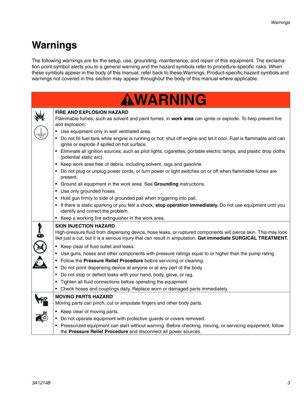 Graco 3A1214B important safety instructions Fire and Explosion Hazard 