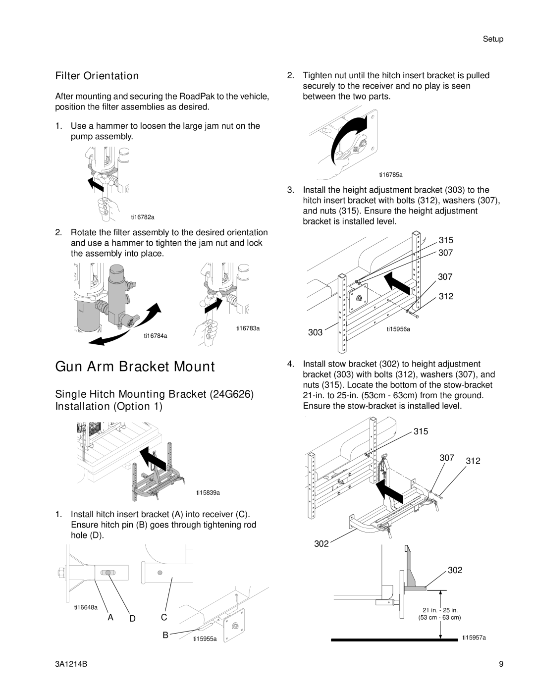 Graco 3A1214B Gun Arm Bracket Mount, Filter Orientation, Single Hitch Mounting Bracket 24G626 Installation Option 