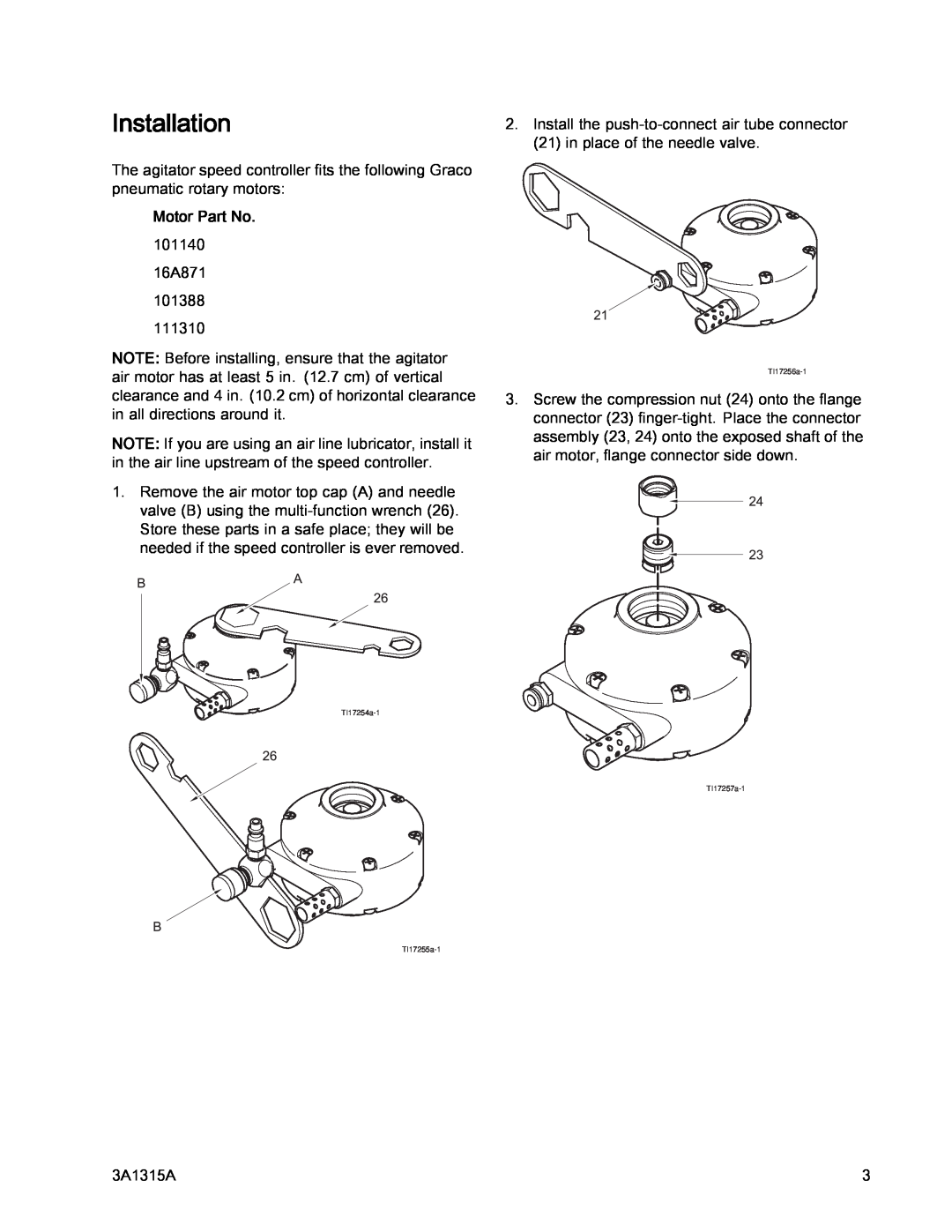Graco 24G621, 3A1315A important safety instructions Installation, Motor Part No 