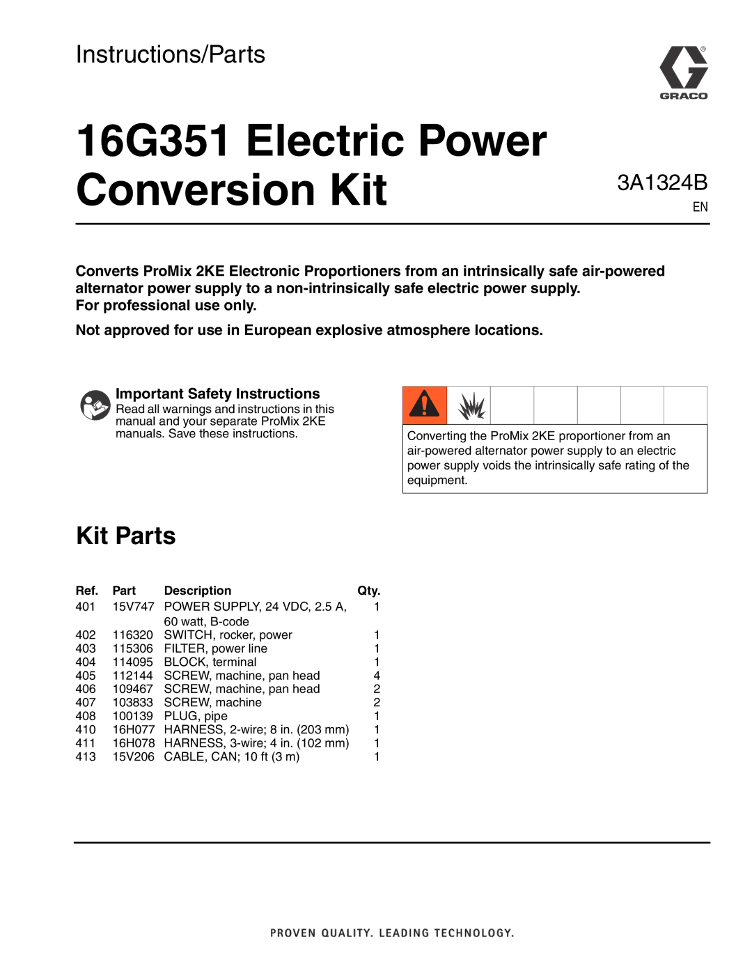 Graco 3A1324B important safety instructions 16G351 Electric Power Conversion Kit, Kit Parts 