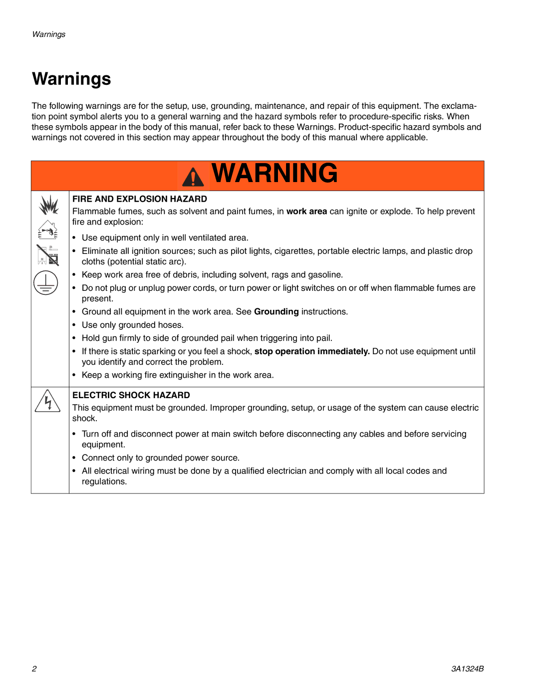 Graco 3A1324B important safety instructions Fire and Explosion Hazard 