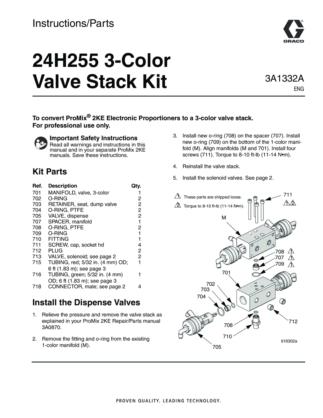 Graco 3A1332A important safety instructions Kit Parts, Install the Dispense Valves 