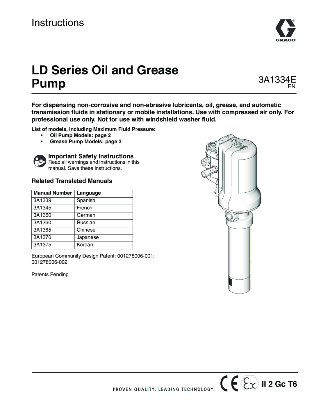 Graco 3A1334E important safety instructions Important Safety Instructions, Related Translated Manuals 