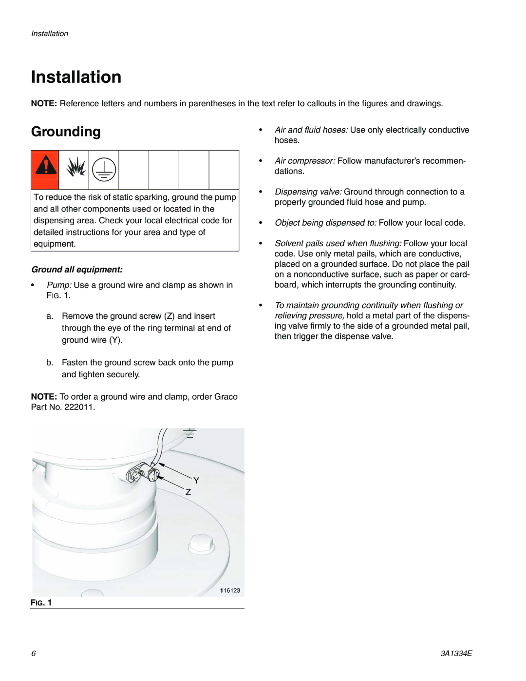 Graco 3A1334E important safety instructions Installation, Grounding 