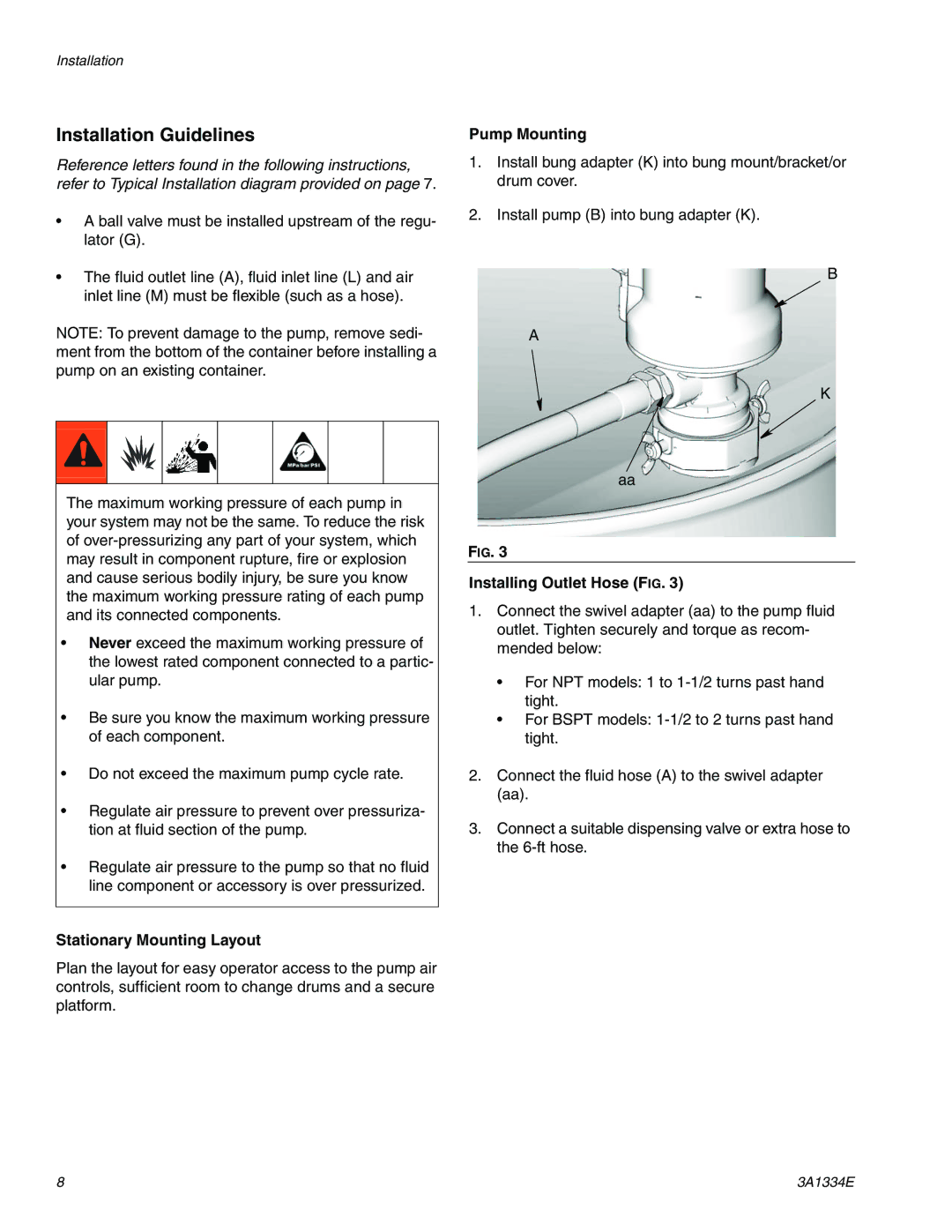 Graco 3A1334E Installation Guidelines, Stationary Mounting Layout, Pump Mounting, Installing Outlet Hose FIG 