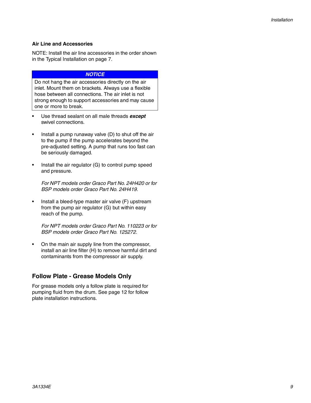 Graco 3A1334E important safety instructions Follow Plate Grease Models Only, Air Line and Accessories 