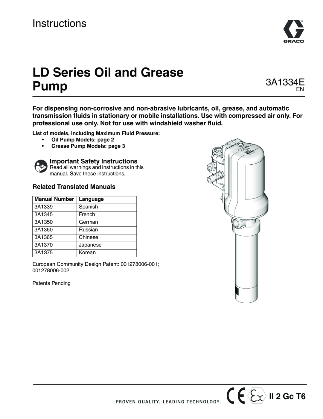 Graco 3A1334E important safety instructions LD Series Oil and Grease, Pump, Instructions 