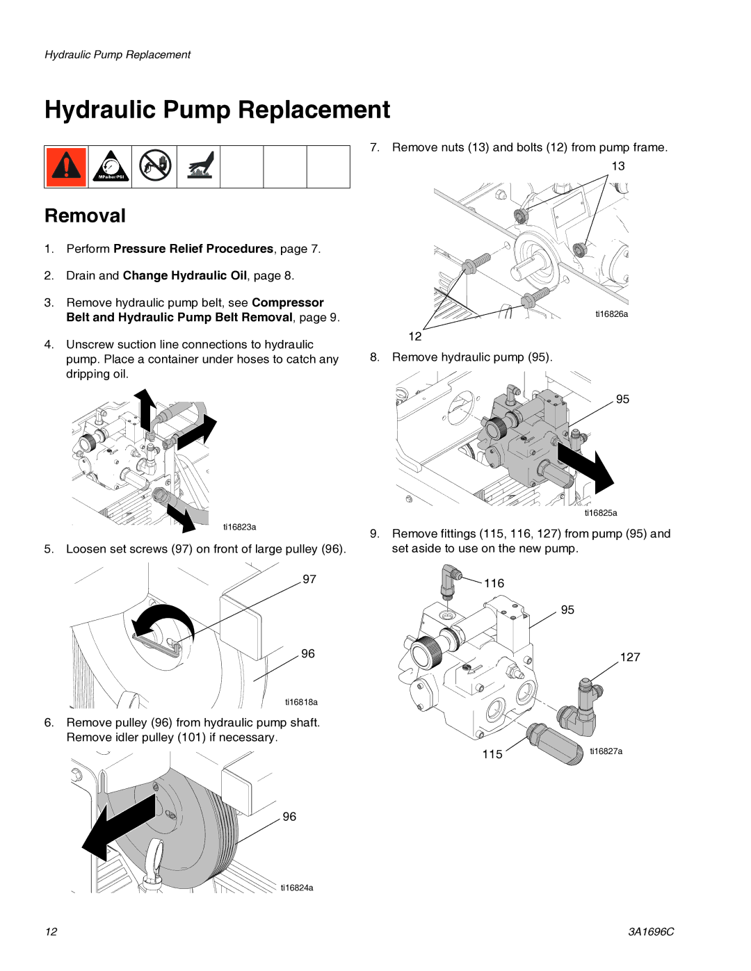 Graco 3A1696C important safety instructions Hydraulic Pump Replacement, Removal 