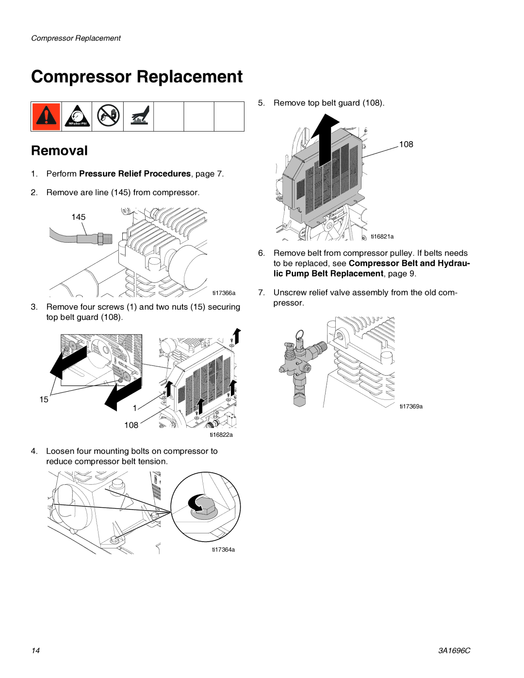 Graco 3A1696C important safety instructions Compressor Replacement, Perform Pressure Relief Procedures 