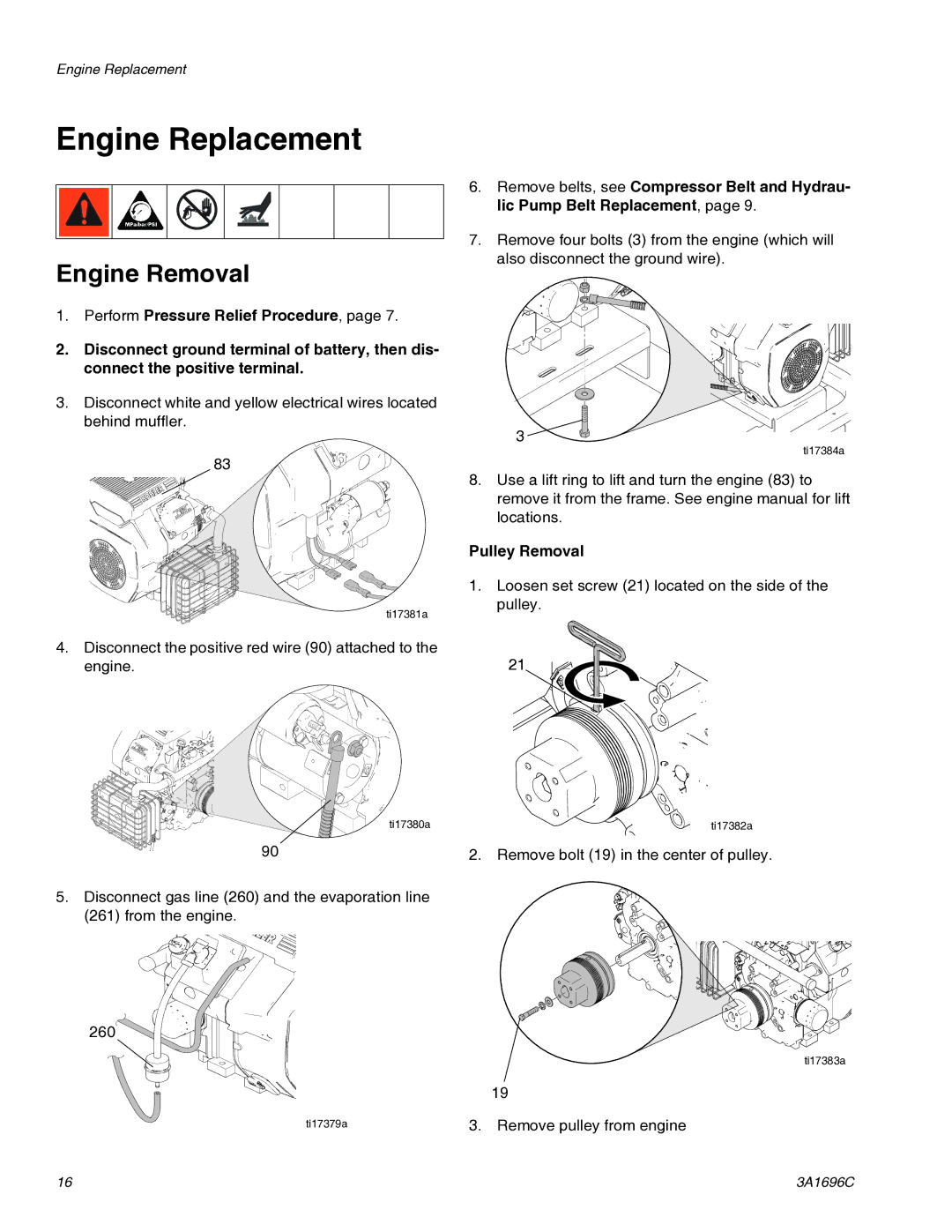 Graco 3A1696C important safety instructions Engine Replacement, Engine Removal 