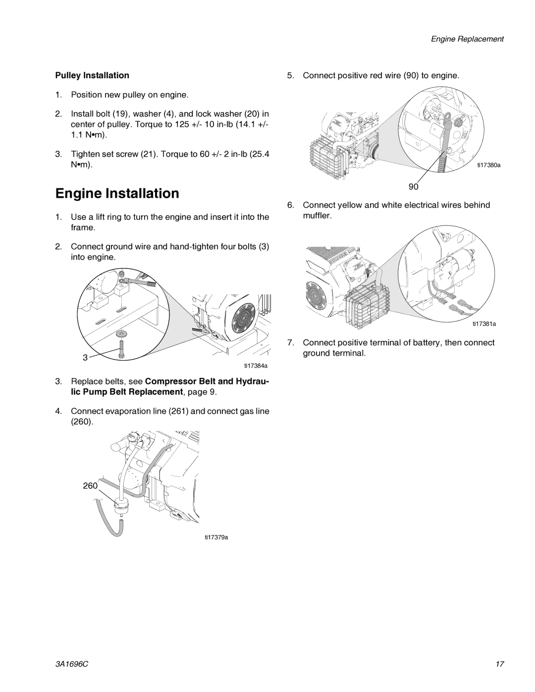 Graco 3A1696C important safety instructions Engine Installation, Pulley Installation 