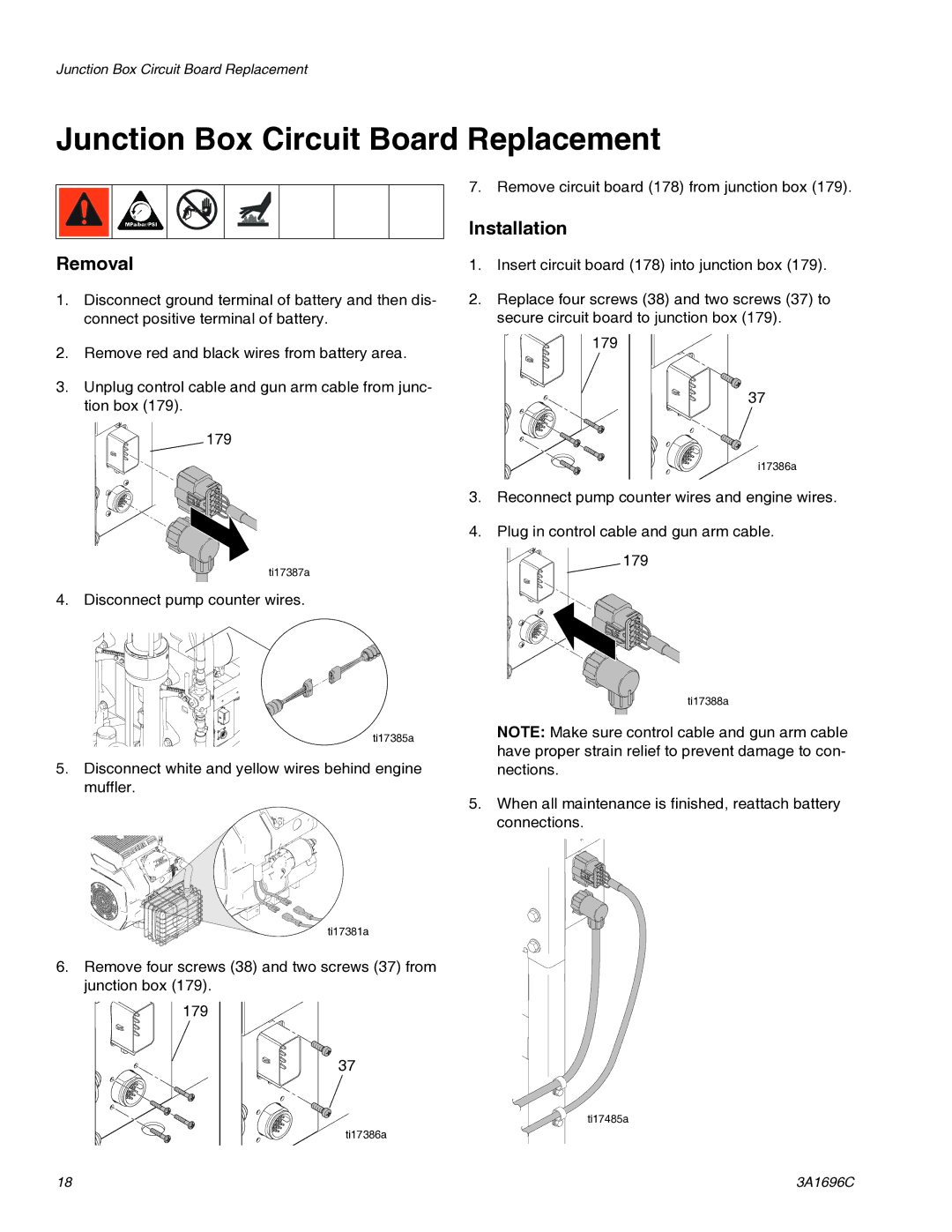 Graco 3A1696C important safety instructions Junction Box Circuit Board Replacement, Removal, Installation 