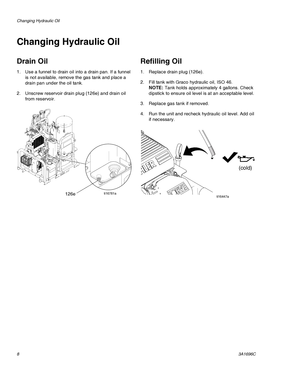 Graco 3A1696C important safety instructions Changing Hydraulic Oil, Drain Oil, Refilling Oil 