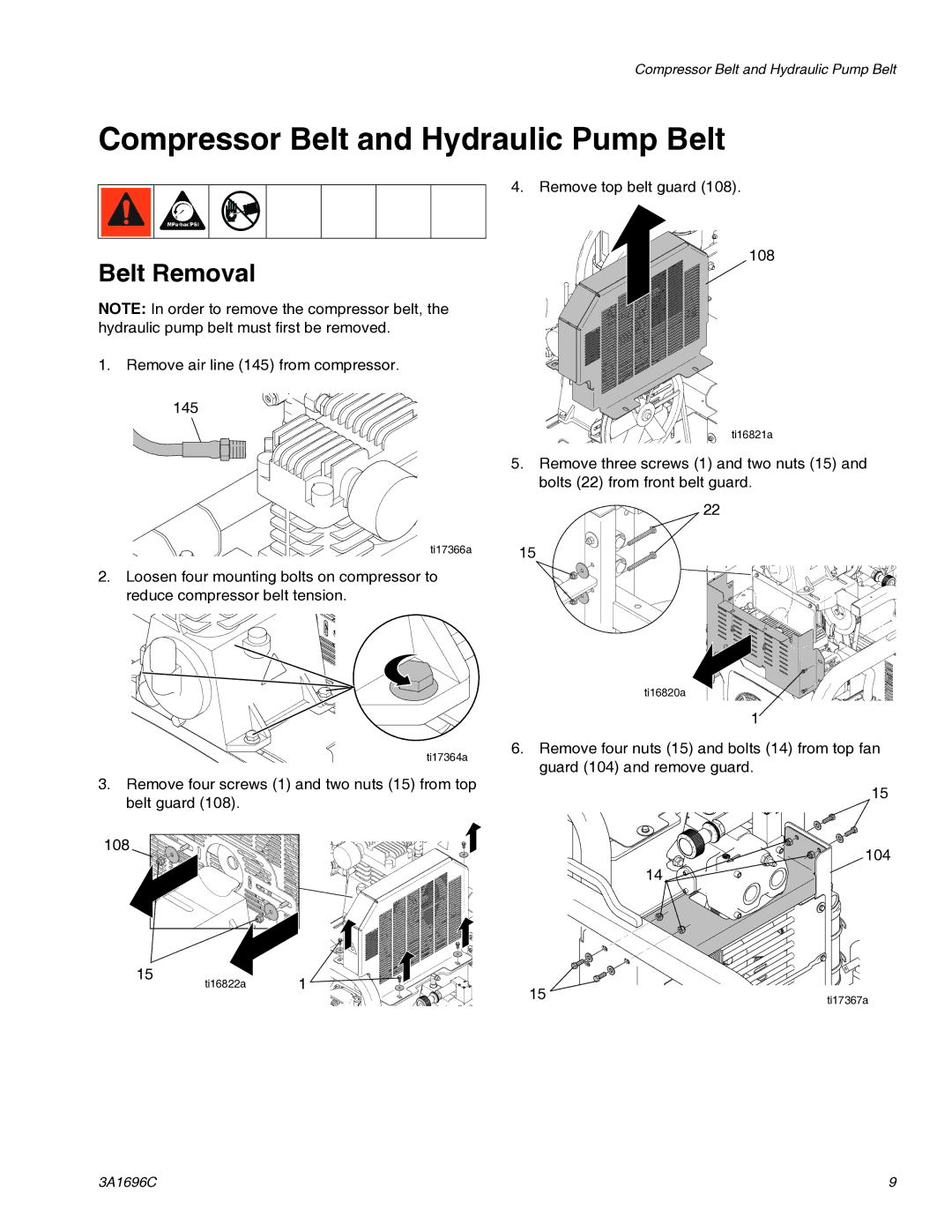 Graco 3A1696C important safety instructions Compressor Belt and Hydraulic Pump Belt, Belt Removal 