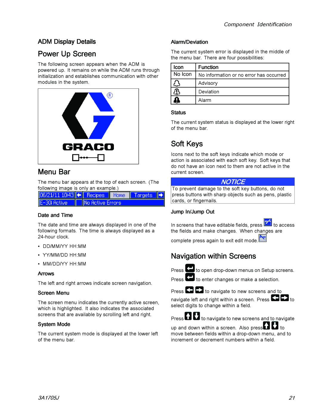 Graco 3A1705J Power Up Screen, Menu Bar, Soft Keys, Navigation within Screens, ADM Display Details 