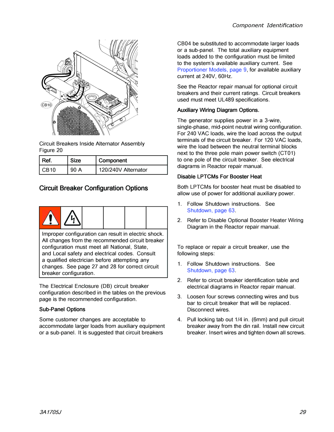 Graco 3A1705J Circuit Breaker Conﬁguration Options, Size Component CB10 90 a 120/240V Alternator, Sub-Panel Options 