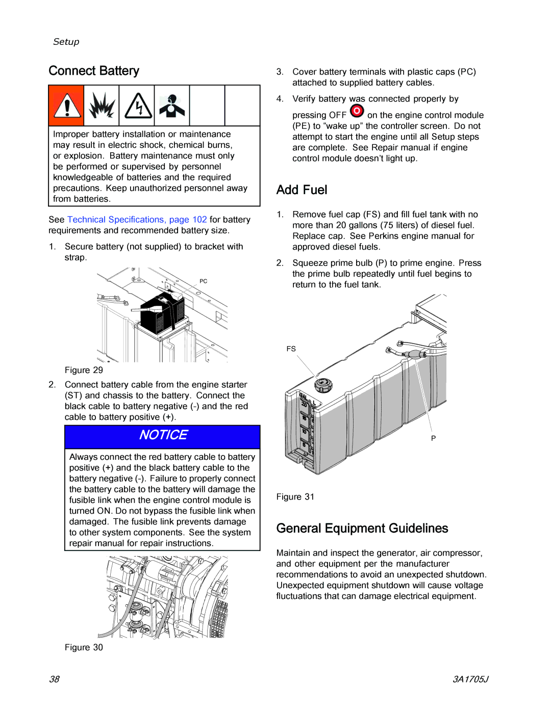 Graco 3A1705J important safety instructions Connect Battery, Add Fuel, General Equipment Guidelines 