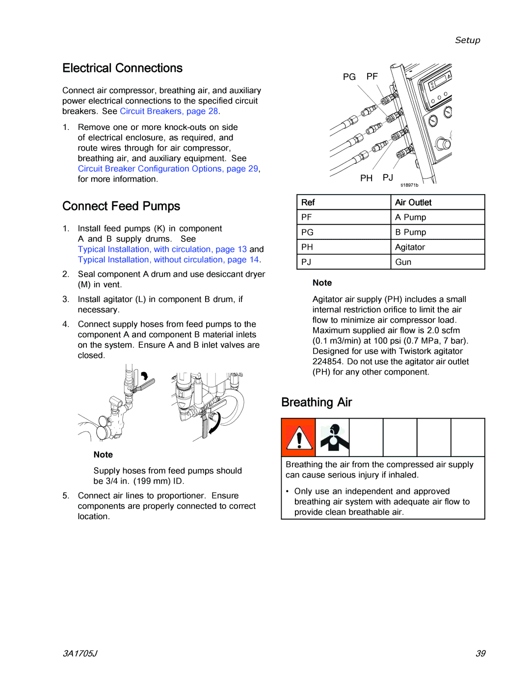 Graco 3A1705J important safety instructions Electrical Connections, Connect Feed Pumps, Breathing Air 