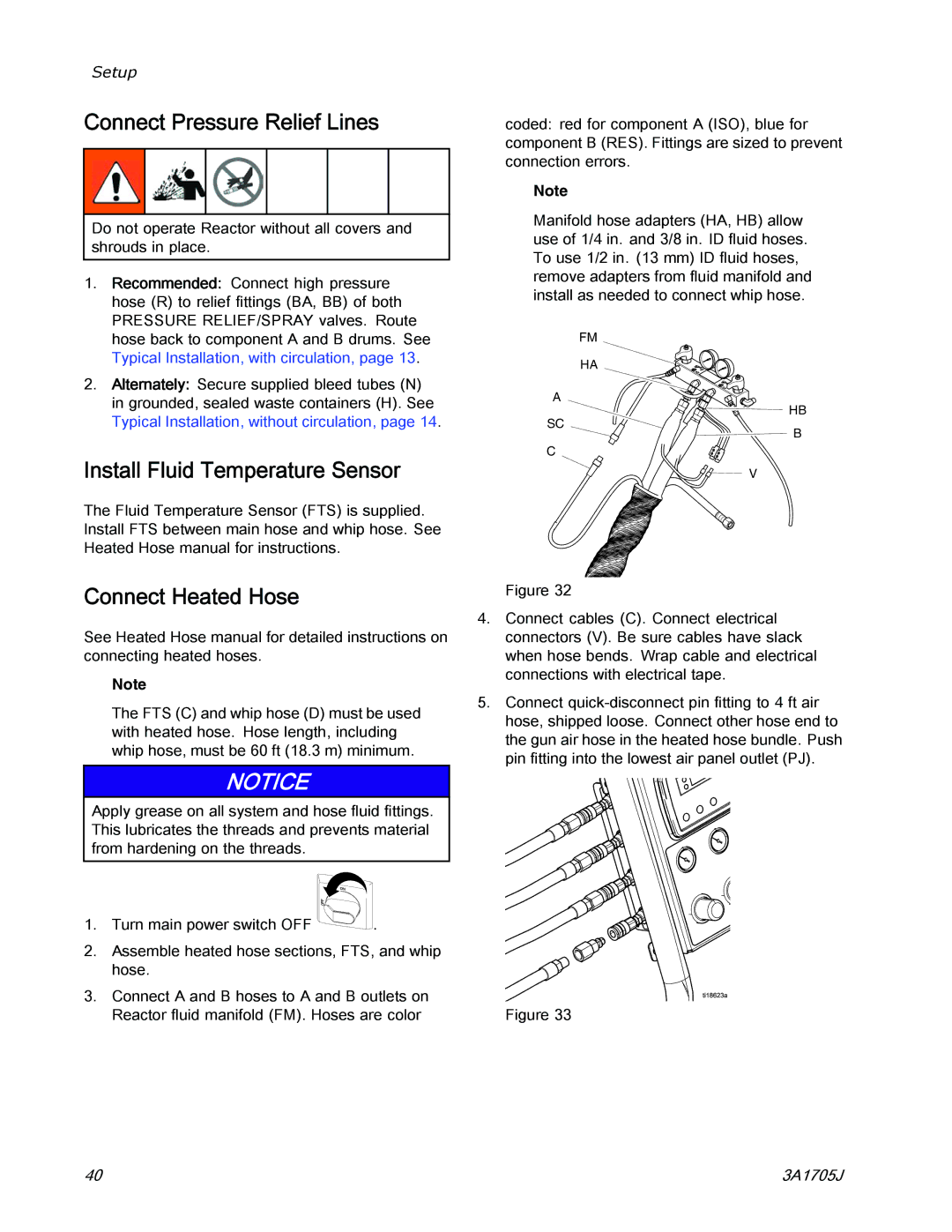 Graco 3A1705J Connect Pressure Relief Lines, Install Fluid Temperature Sensor, Connect Heated Hose 