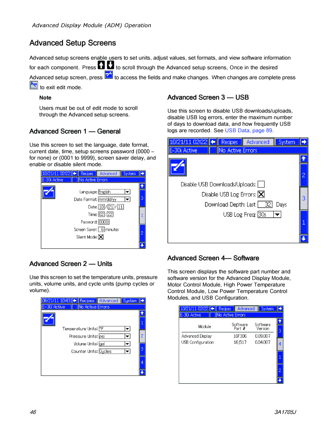 Graco 3A1705J Advanced Setup Screens, Advanced Screen 1 General, Advanced Screen 3 USB, Advanced Screen 2 Units 