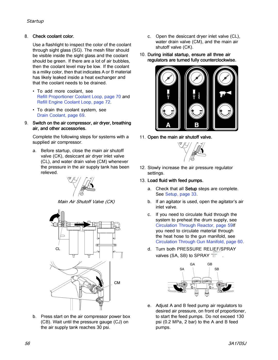 Graco 3A1705J important safety instructions Check coolant color, Open the main air shutoff valve, Load ﬂuid with feed pumps 