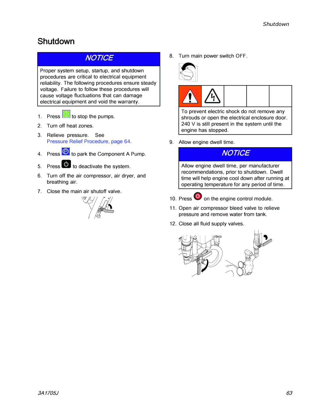 Graco 3A1705J important safety instructions Shutdown, Pressure Relief Procedure 