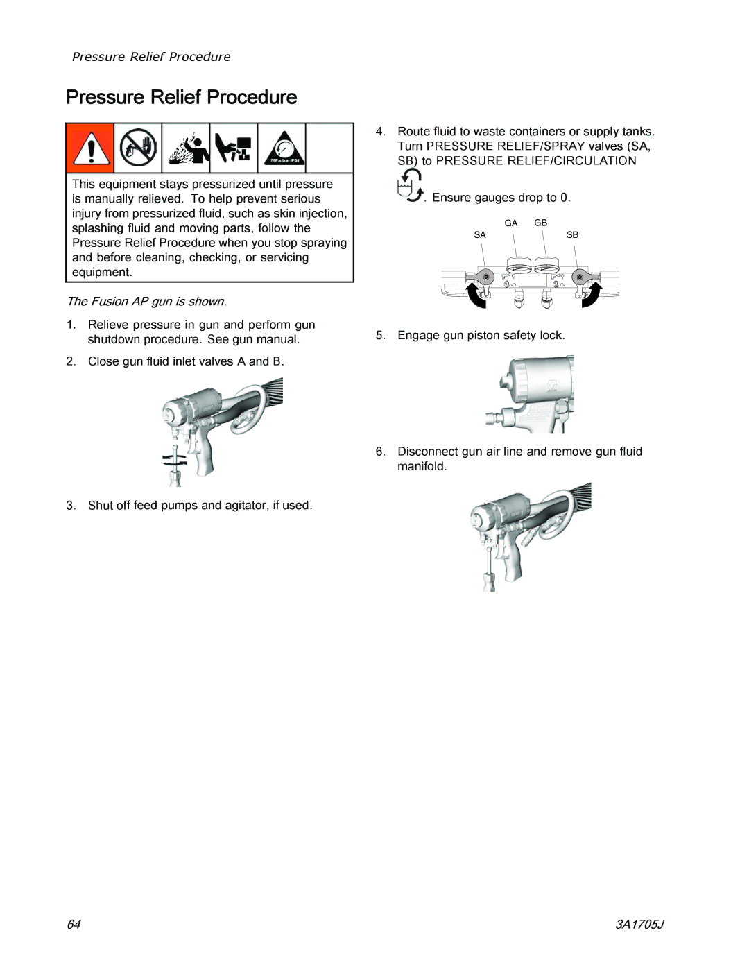 Graco 3A1705J important safety instructions Pressure Relief Procedure 