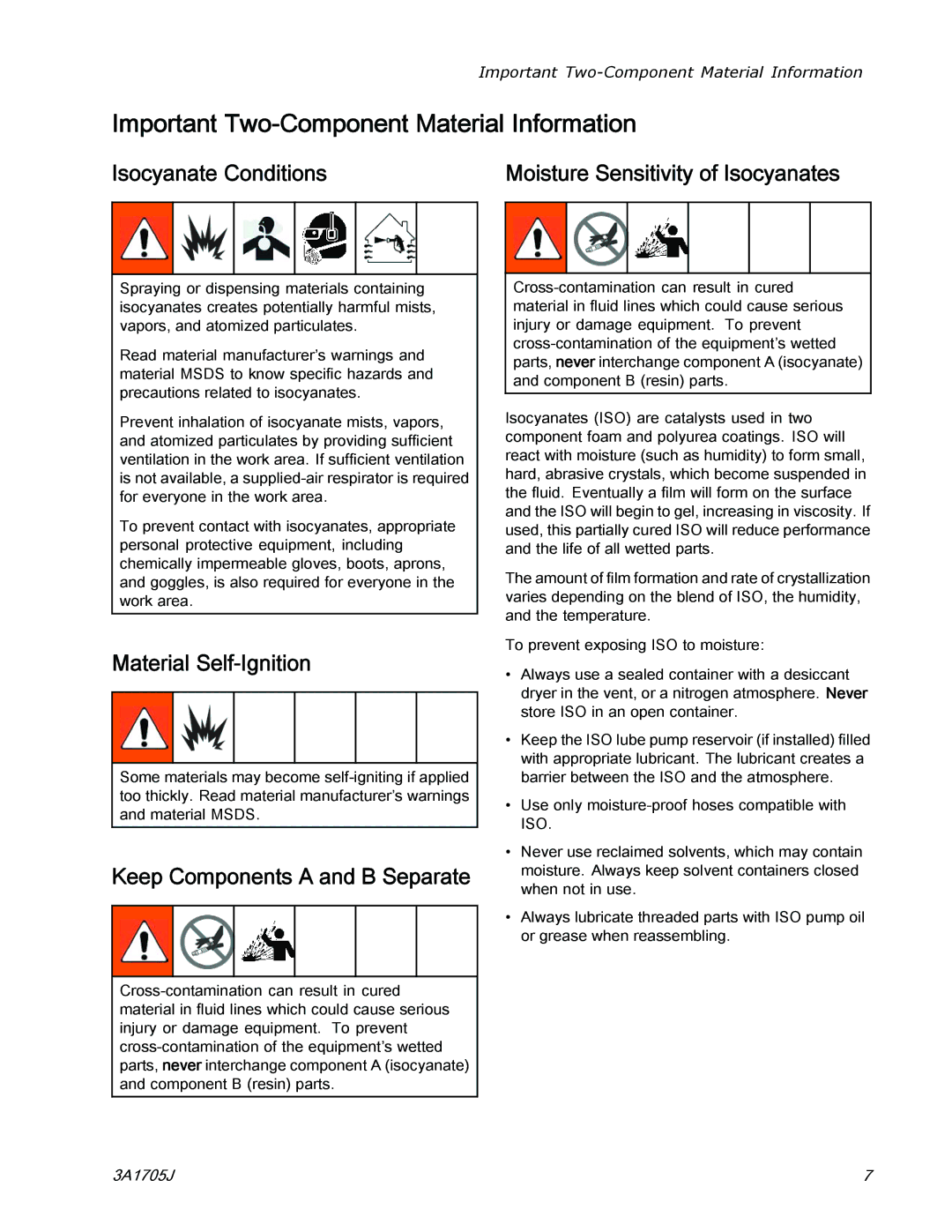 Graco 3A1705J Important Two-Component Material Information, Isocyanate Conditions, Material Self-Ignition 