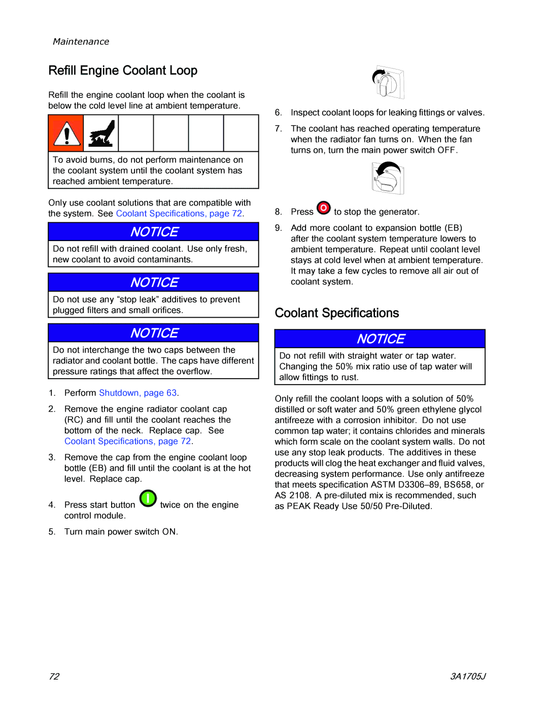 Graco 3A1705J important safety instructions Reﬁll Engine Coolant Loop, Coolant Speciﬁcations 