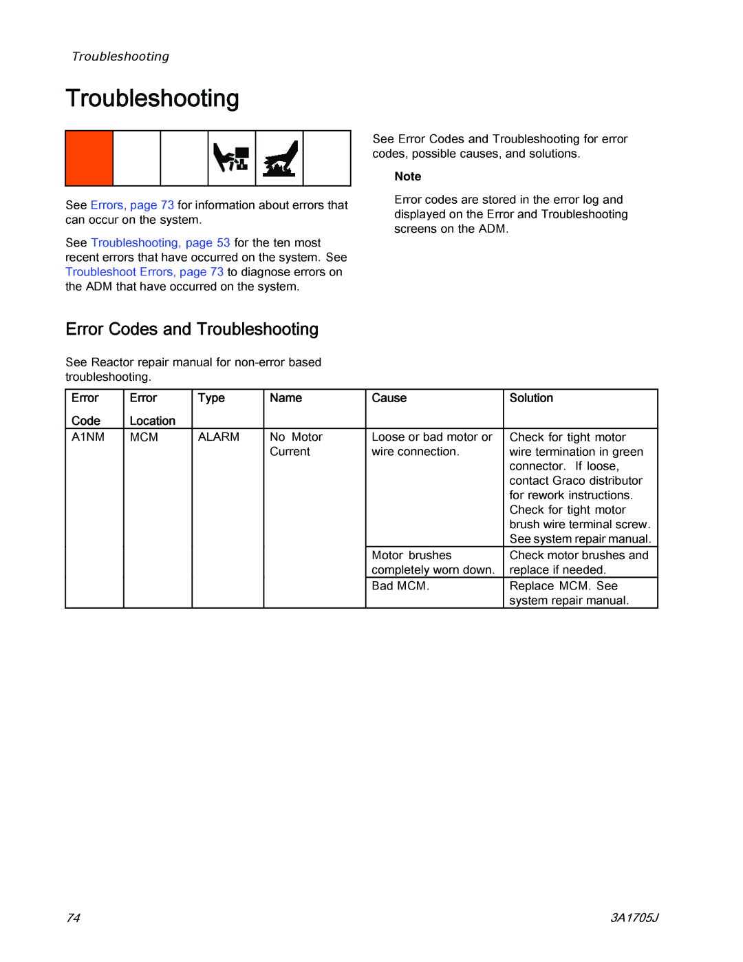 Graco 3A1705J Error Codes and Troubleshooting, Error Type Name Cause Solution Code Location, A1NM MCM Alarm 