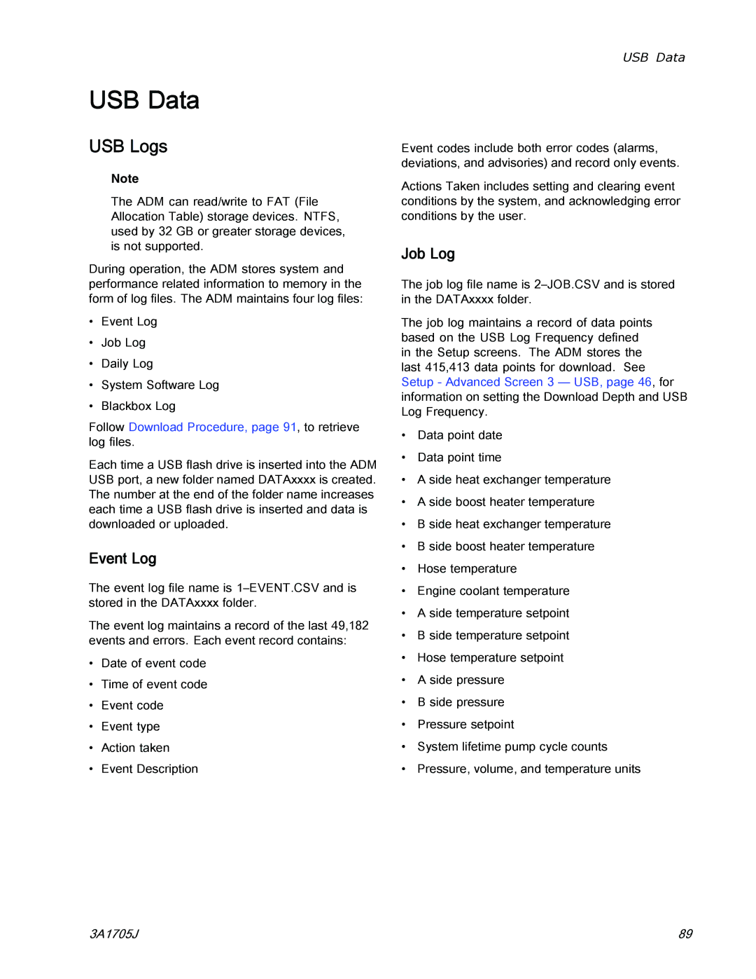 Graco 3A1705J USB Data, USB Logs, Event Log, Job Log, Follow Download Procedure, page 91, to retrieve log ﬁles 