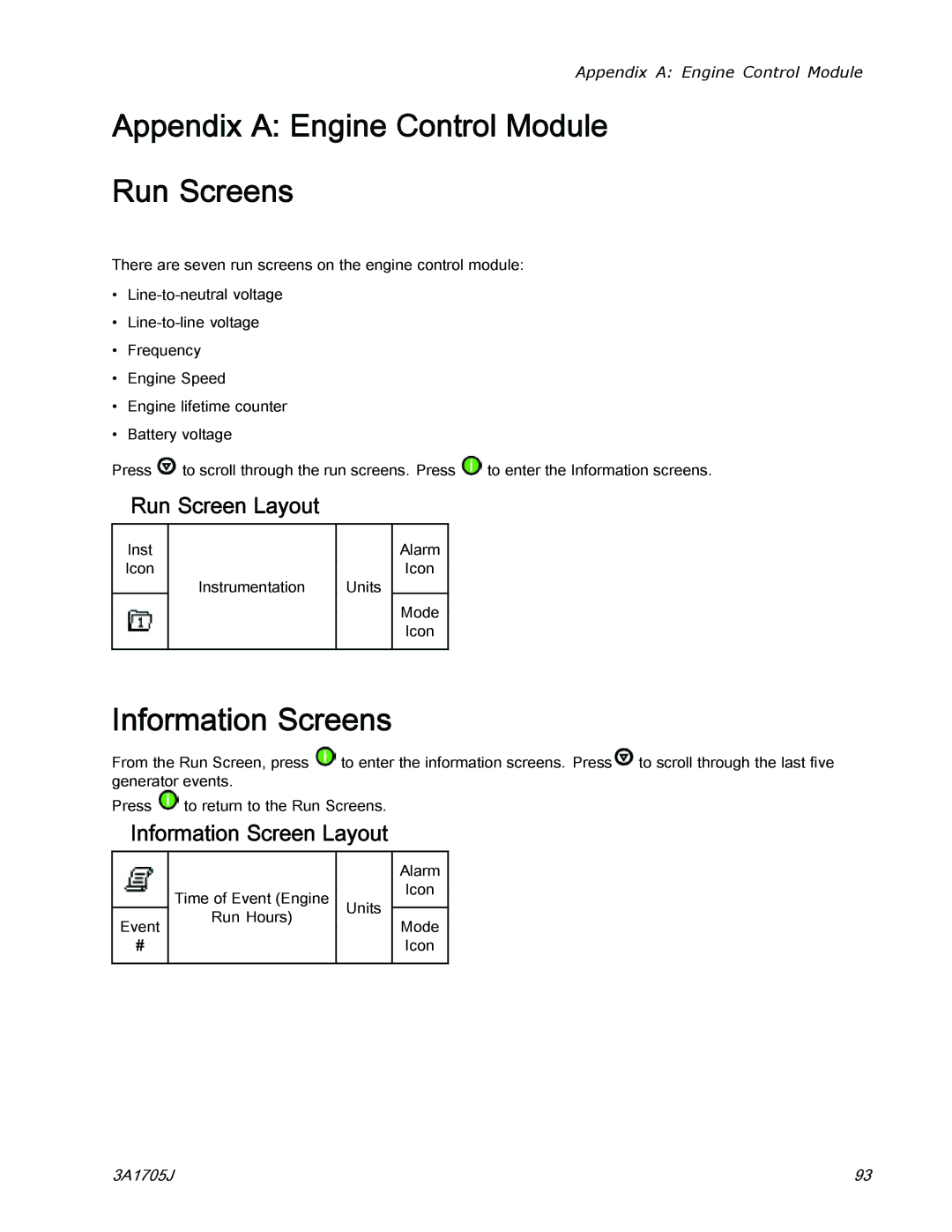 Graco 3A1705J Appendix a Engine Control Module Run Screens, Information Screens, Run Screen Layout 