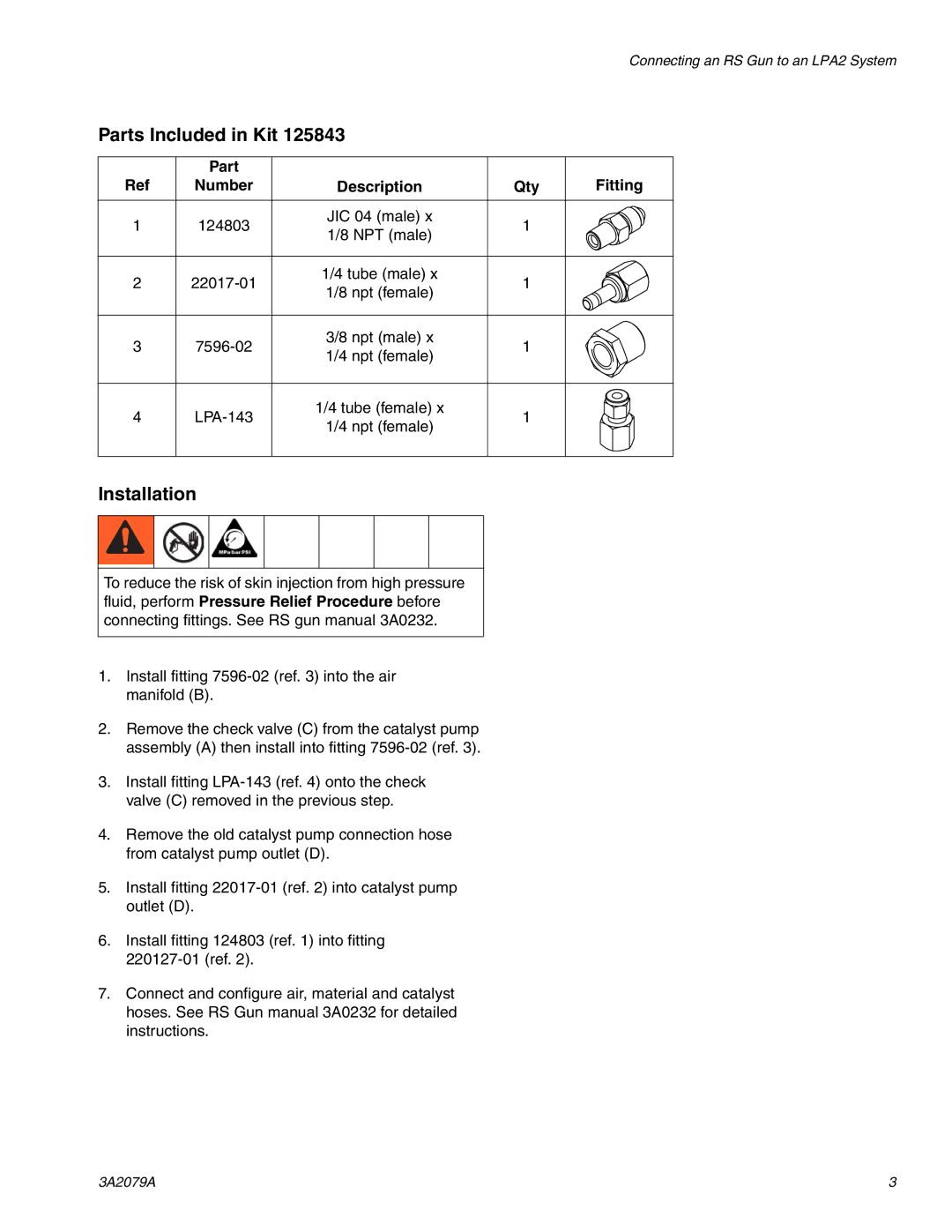 Graco 3A2079A important safety instructions Parts Included in Kit, Part Number Description Qty Fitting 