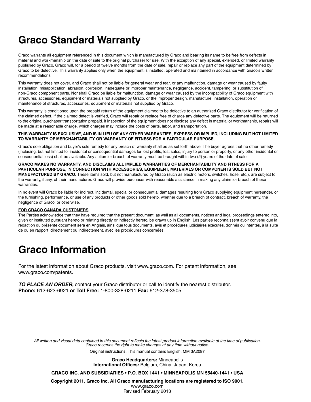 Graco 3A2097B important safety instructions Graco Standard Warranty, Graco Information 