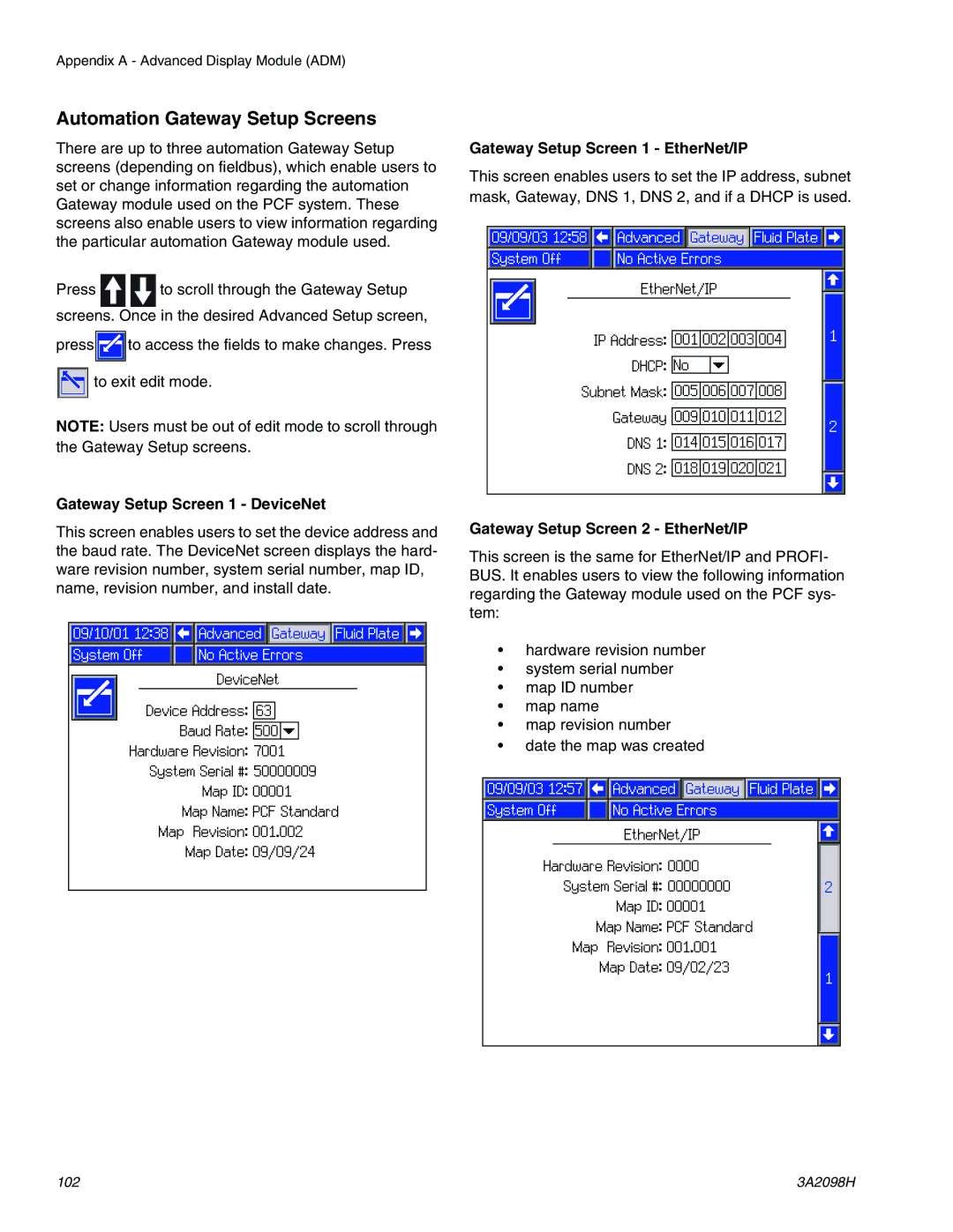 Graco 3A2098H Automation Gateway Setup Screens, Gateway Setup Screen 1 DeviceNet, Gateway Setup Screen 1 EtherNet/IP 