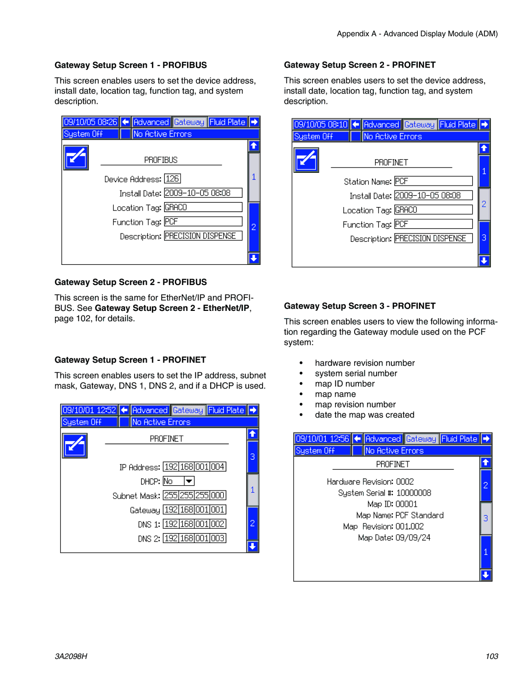 Graco 3A2098H Gateway Setup Screen 1 Profibus, Gateway Setup Screen 2 Profibus, Gateway Setup Screen 1 Profinet 