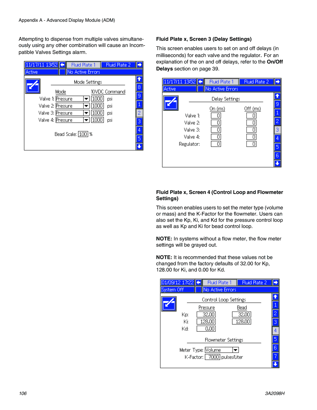 Graco 3A2098H Fluid Plate x, Screen 3 Delay Settings, Fluid Plate x, Screen 4 Control Loop and Flowmeter Settings 