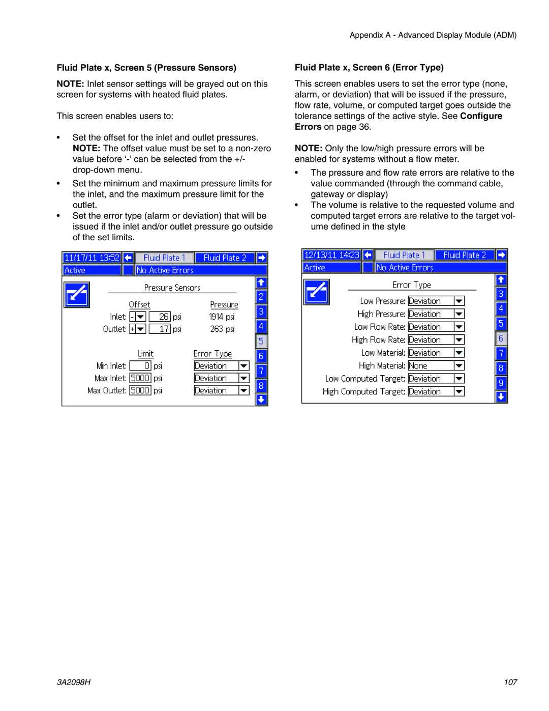 Graco 3A2098H important safety instructions Fluid Plate x, Screen 5 Pressure Sensors, Fluid Plate x, Screen 6 Error Type 