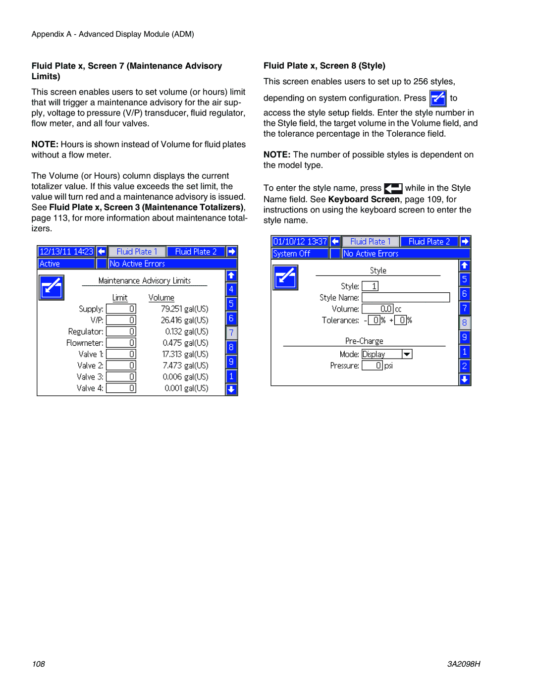 Graco 3A2098H Fluid Plate x, Screen 7 Maintenance Advisory Limits, Fluid Plate x, Screen 8 Style 