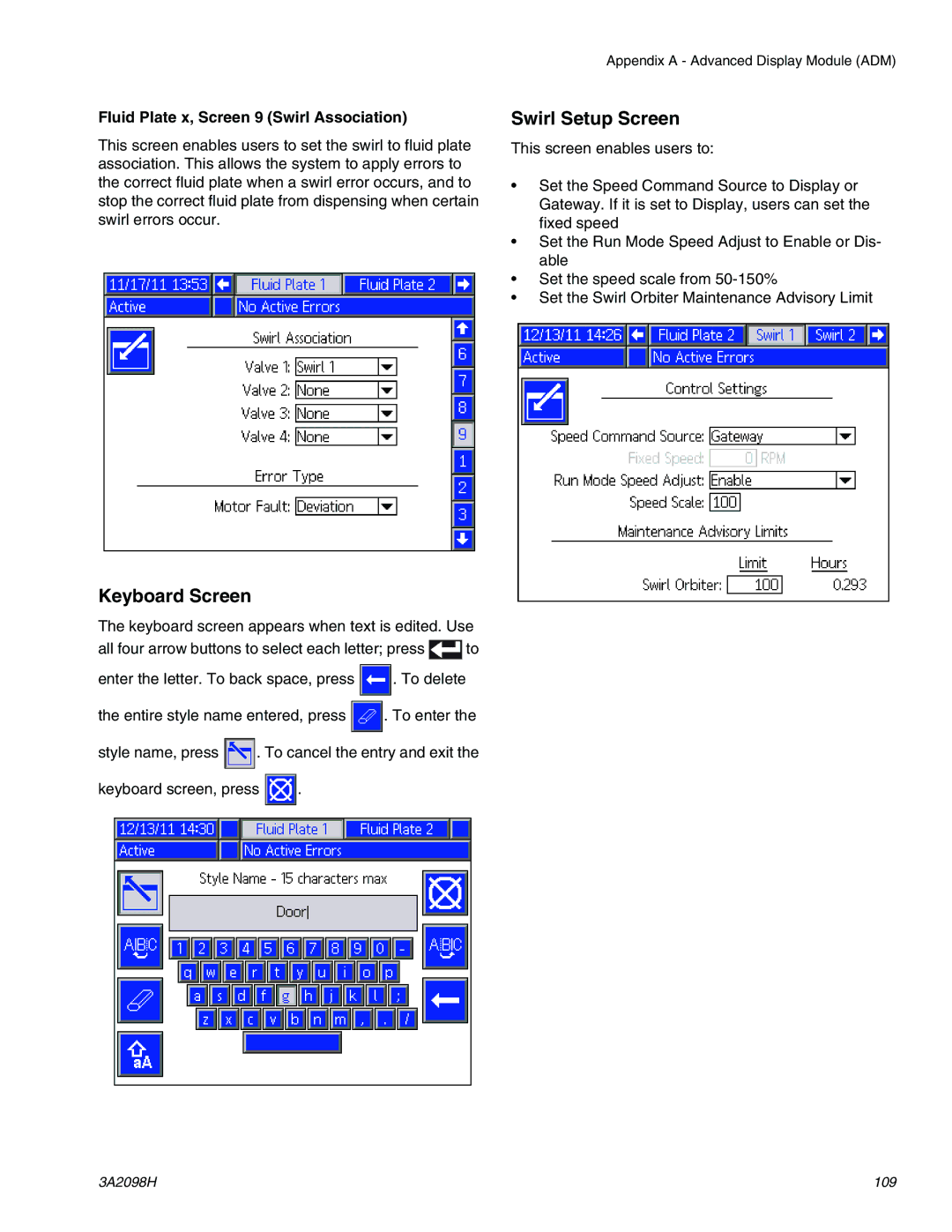 Graco 3A2098H important safety instructions Keyboard Screen, Swirl Setup Screen, Fluid Plate x, Screen 9 Swirl Association 