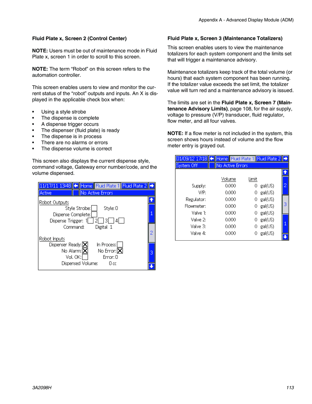 Graco 3A2098H Fluid Plate x, Screen 2 Control Center, Fluid Plate x, Screen 3 Maintenance Totalizers 