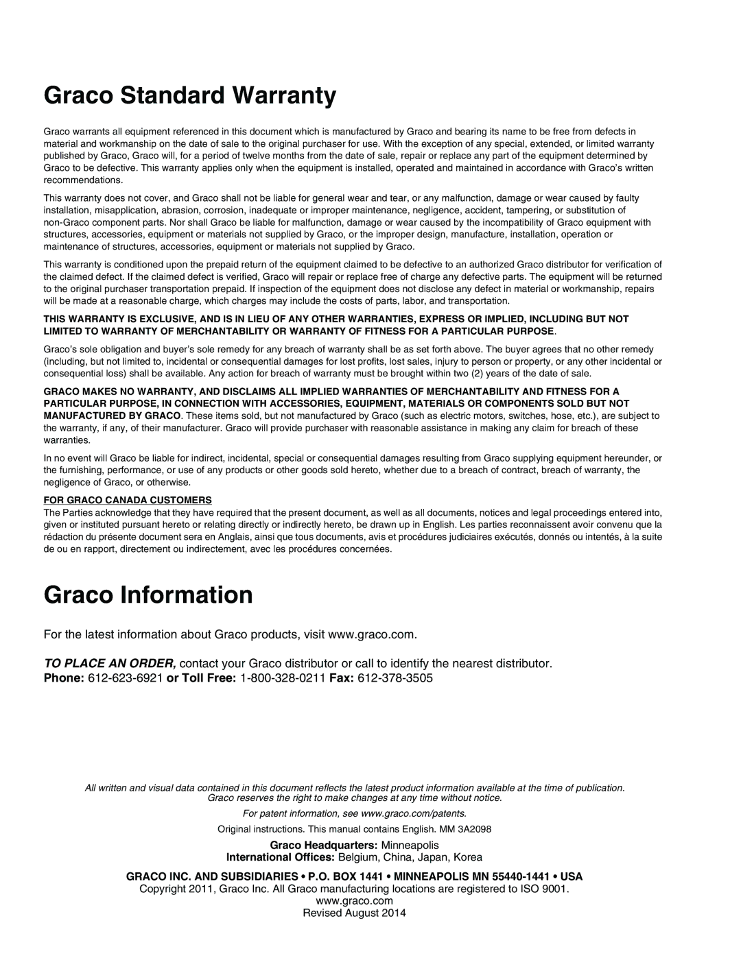 Graco 3A2098H important safety instructions Graco Standard Warranty, Graco Information, Graco Headquarters Minneapolis 